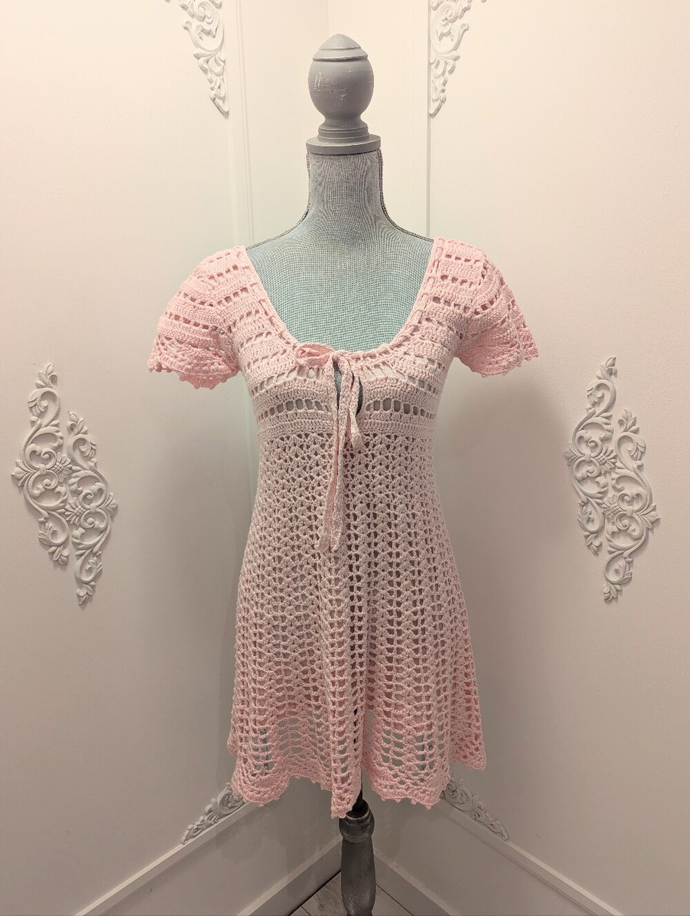 Crocheted Pink Short Sleeve Knit Dress